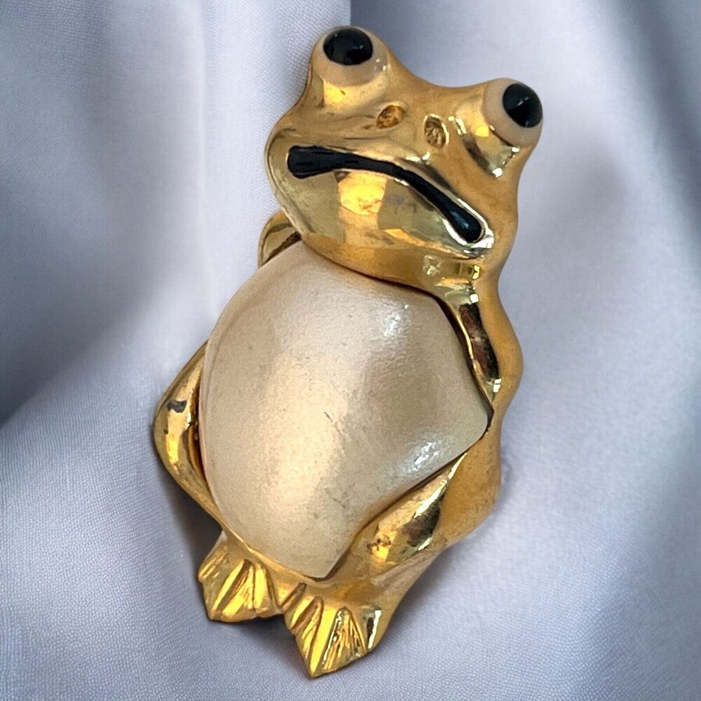 Vintage 1980s KJL Frog Brooch Simulated Pearl Belly Gold Tone Figural Pin - 9C